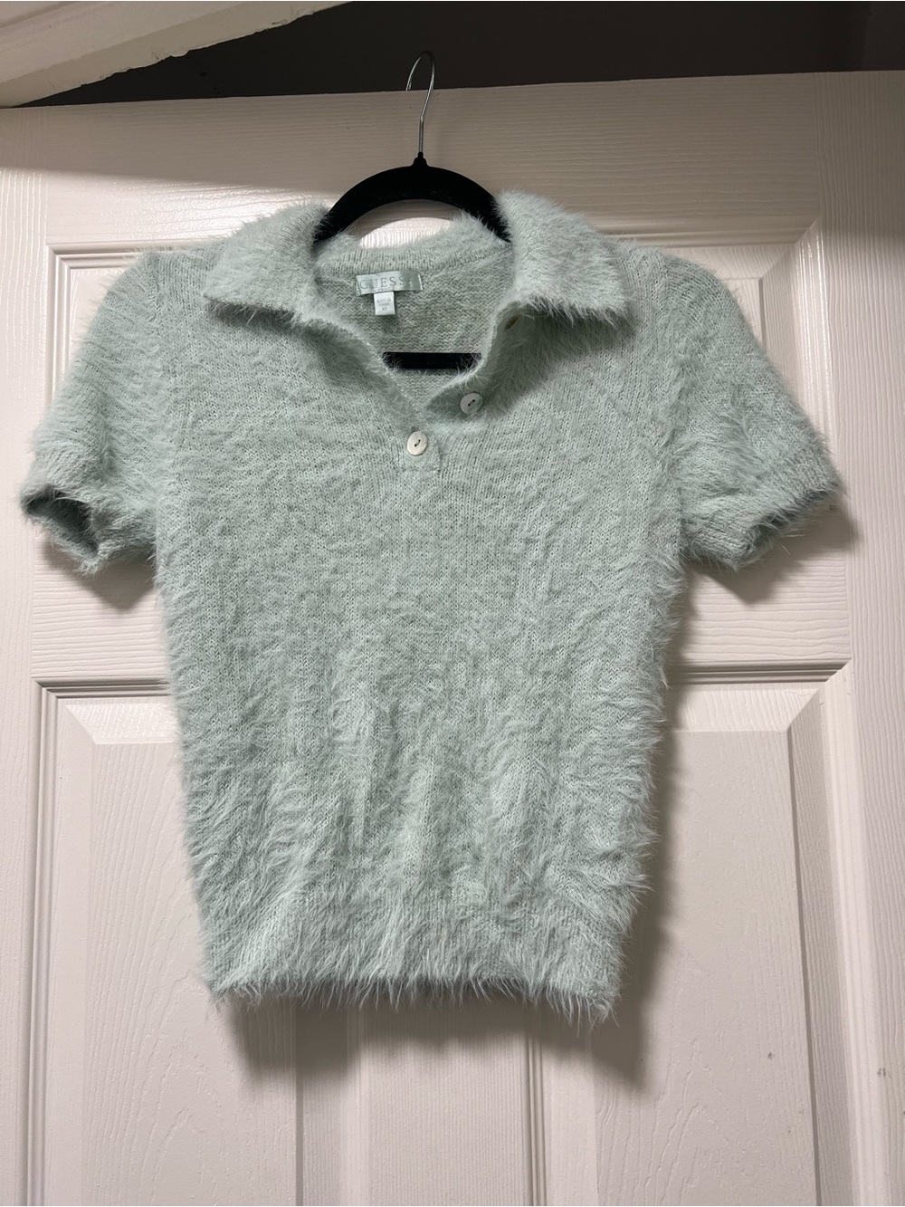 Guess Fuzzy Polo Sweater — Mint Green